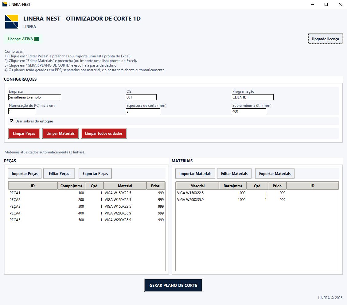 Software de otimização de corte linear LINERA-NEST para barras, tubos e perfis